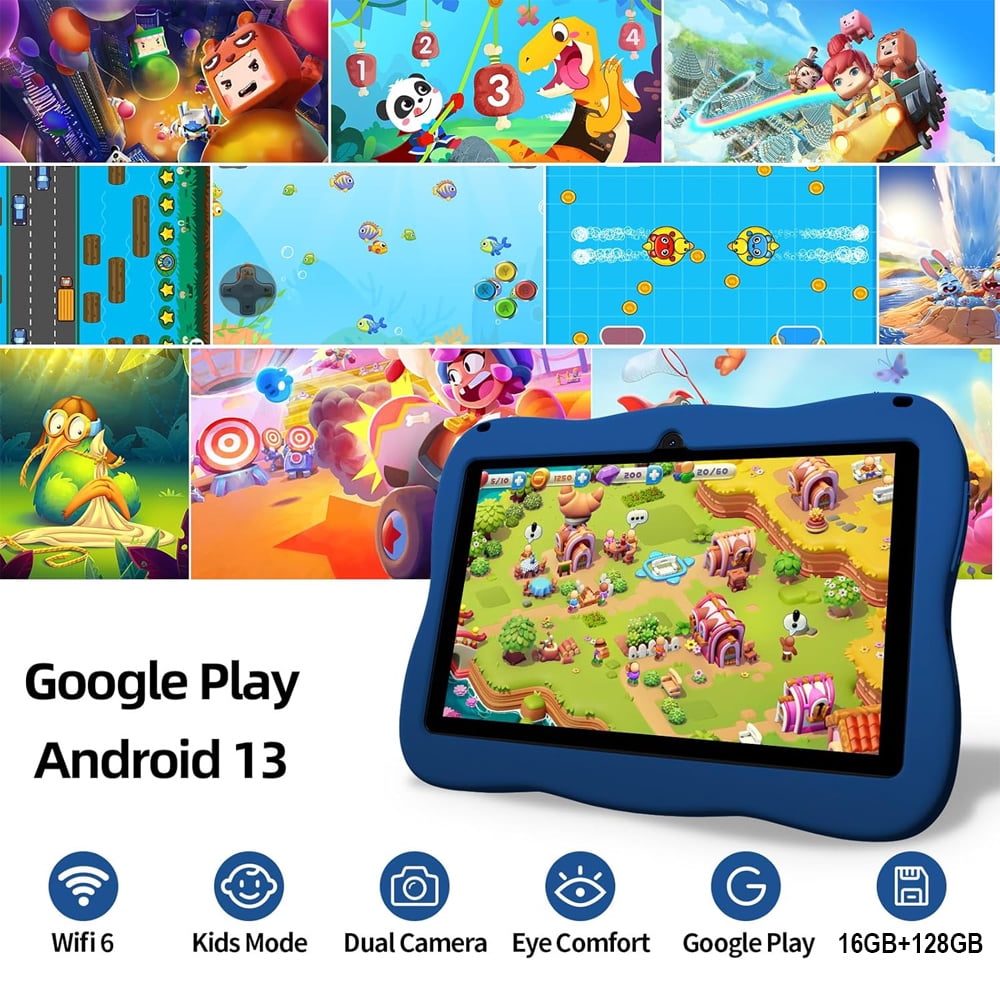 SHOUDUM Kids Tablet,Android Toddler Tablet, 128GB Storage, Dual Camera, Shockproof Case, Parental Control Tablets Support
