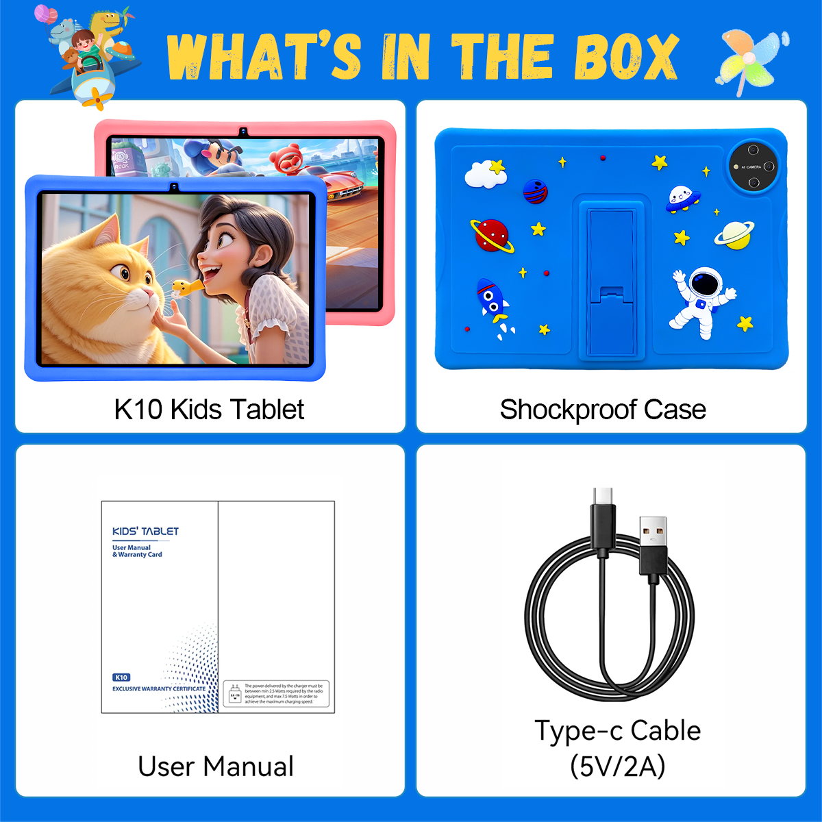 SHOUDUM Kids Tablet, 10 inch Android 15 Tablet for Kids, 16GB+128GB Quad-Core Toddler Tablets with Shockproof Case, BT5.0, WiFi 5, Parental Control, Games, Dual Camera