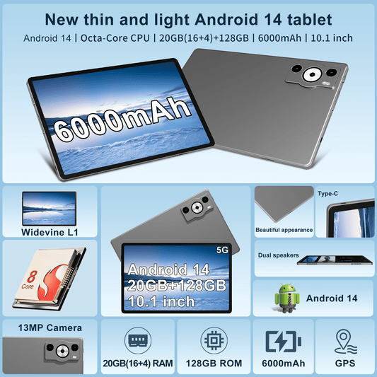 SHOUDM Android Tablet,2025 Tablets with 20GB RAM+128GB ROM/ 1TB Expand, Octa-Core 2.0GHz CPU, 5G WiFi, GPS