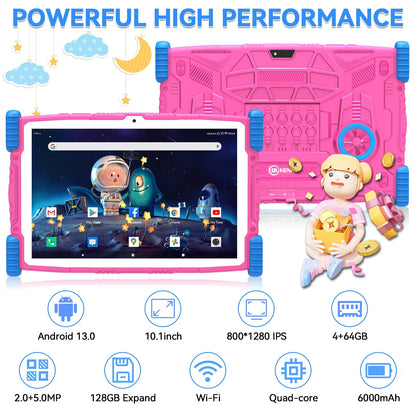 2025 Android 13 tablet,10" Android Kids Tablet 4GB+64GB, Kid-Proof Case with Kickstand, Quad-Core 1.6