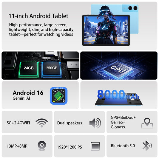 Android 16 Tablet 11inch, 18W Fast Charging, 24GB+256GB+1TB Expand, Octa-core CPU, 8000mAh Large Battery, WiFi6, Touchscreen Display, Widevine L1 Tableta