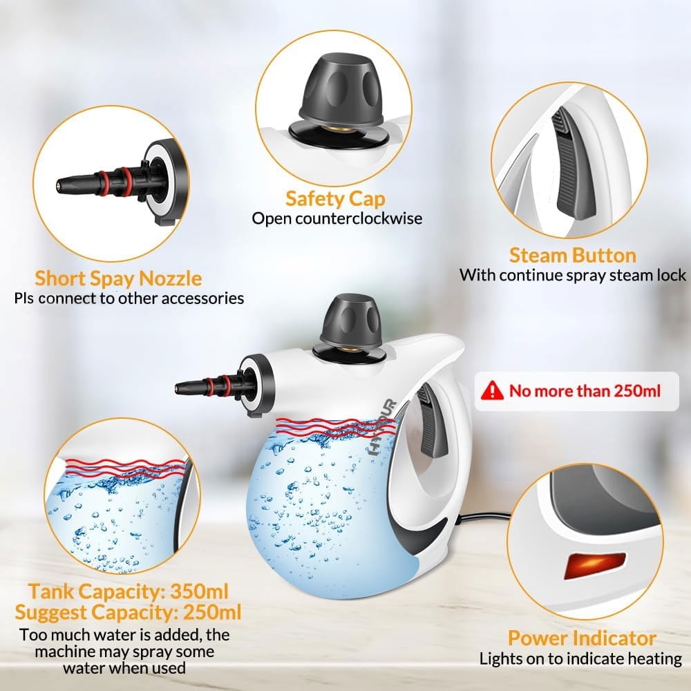 HYTOUR Handheld Steam Cleaner, Pressurized Multi-Surface Steam Cleaner for Home Use with 11pcs Tools and Safety Lock to Remove Grime, Grease, Steamer for Cleaning Floor, Upholstery, Grout and Car