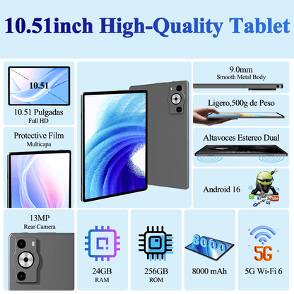 FERATINO Android 16 Tablet,10.1 inch Tablet, Octa-Core Processor, 24GB RAM 256GB ROM,,1280x800 HD IPS Touch Screen, GPS, 8H Battery, WiFi 6, Dual Camera (Gray)
