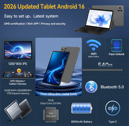 SHOUDUM Android Tablet,2025 Tablets with 24GB RAM+256GB ROM/ 1TB Expand, Octa-Core 2.0GHz CPU, 5G WiFi, GPS
