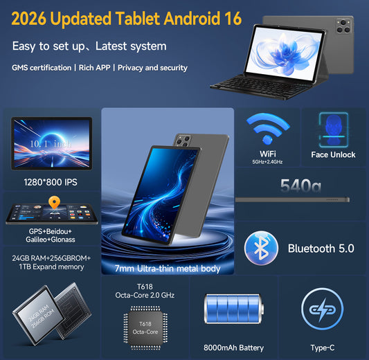SHOUDUM Android Tablet,2025 Tablets with 24GB RAM+256GB ROM/ 1TB Expand, Octa-Core 2.0GHz CPU, 5G WiFi, GPS