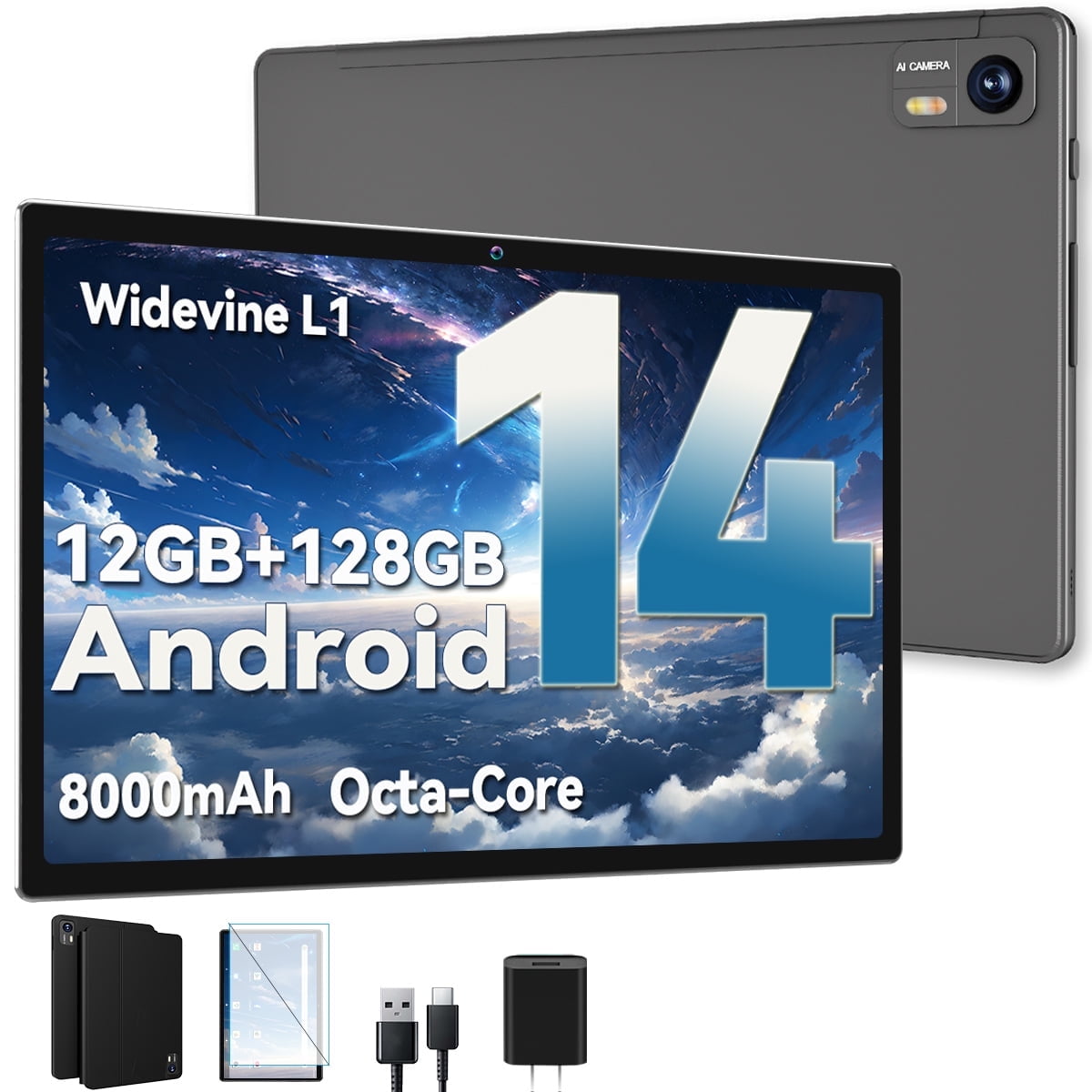 SHOUDUM Tablet,10 inch HD Tablet Bundle, 128GB, Android 14, 5G, Wi-Fi