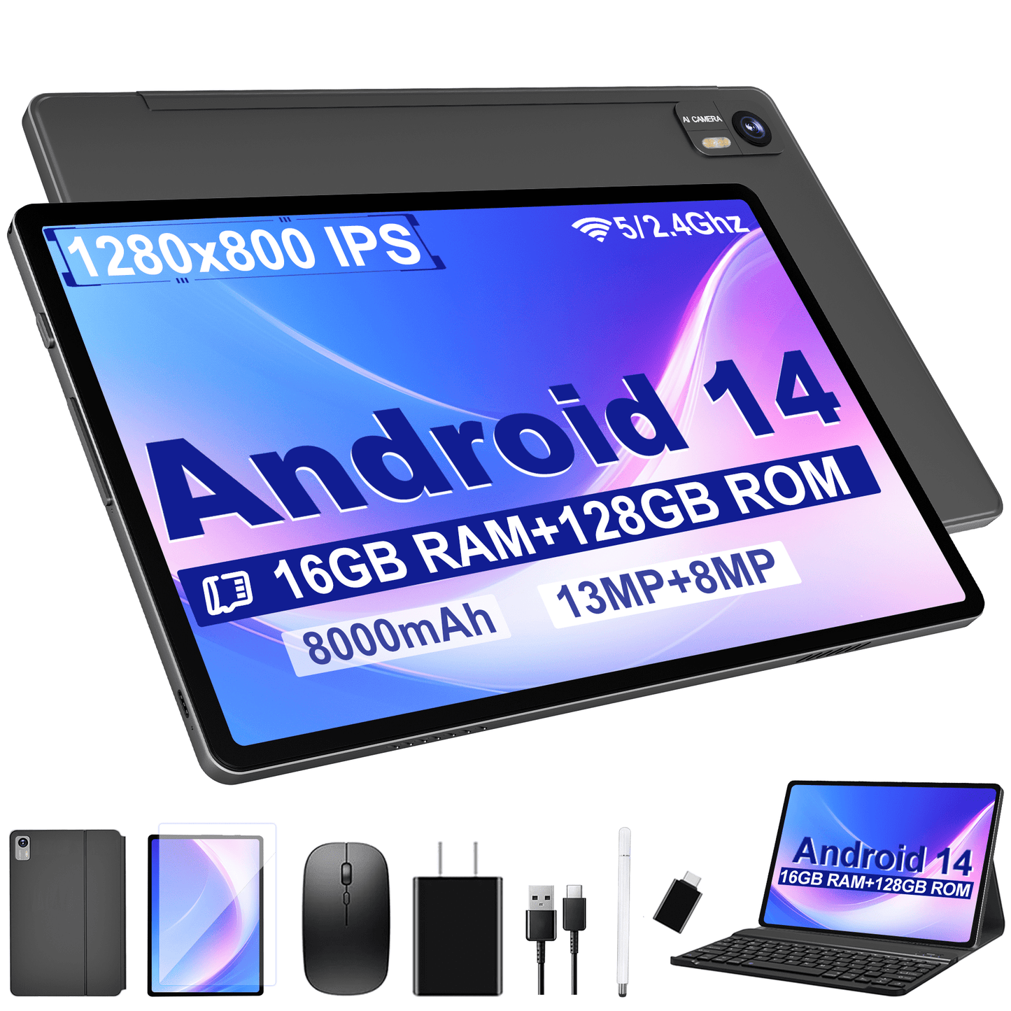 SHOUDUM Tablet,10 inch HD Tablet Bundle, 128GB, Android 14, 5G, Wi-Fi