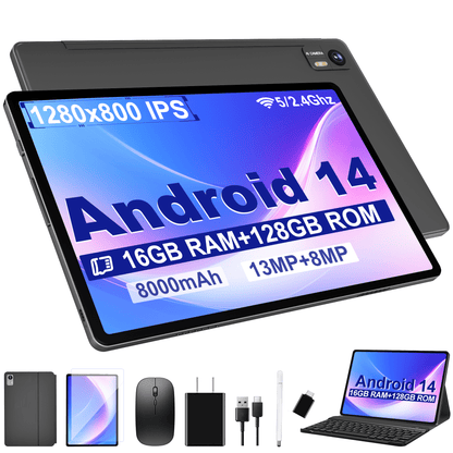 SHOUDUM Tablet,10 inch HD Tablet Bundle, 128GB, Android 14, 5G, Wi-Fi