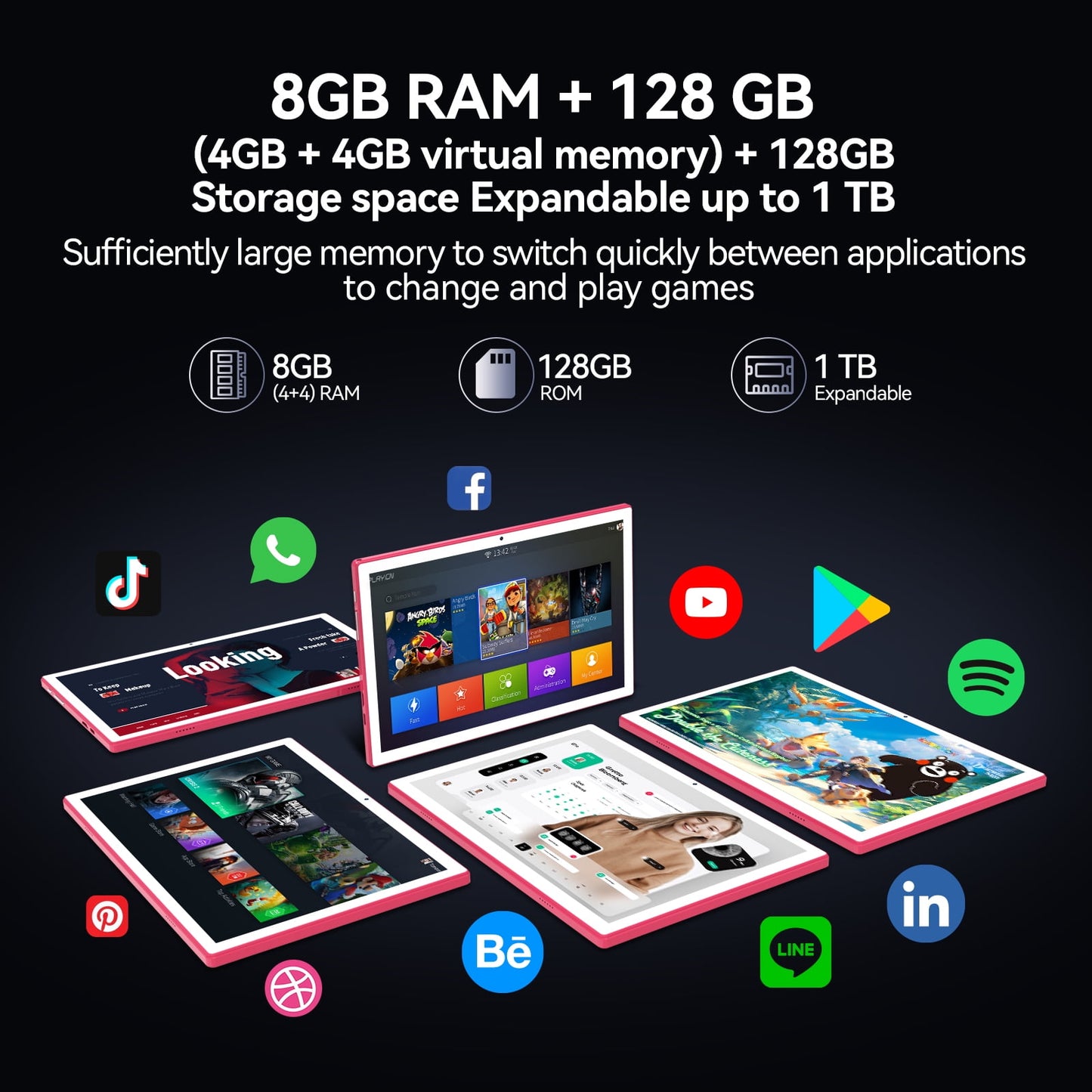 Android 15 Tablet with Keyboard, 128GB ROM(1TB Expand), Octa Core, 5G/2.4G WiFi, 7000mAh, BT V5.0, with Case, Mouse, Stylus, Split-Screen(Pink)
