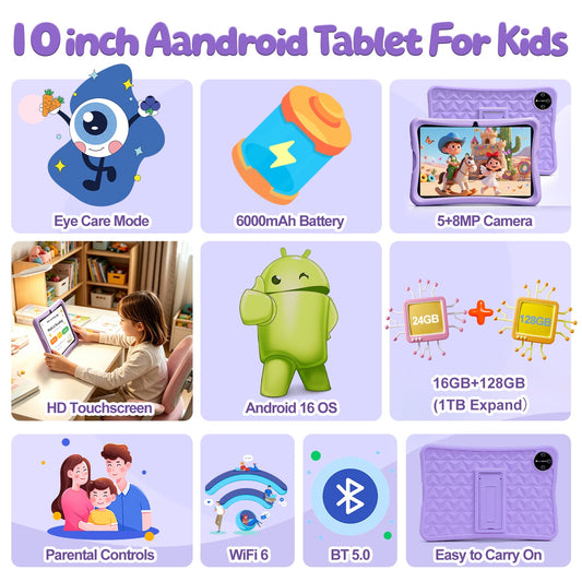 Kids Tablet 10-Inch Android 16, 16GB+128GB (1TB Expandable), Parental Control