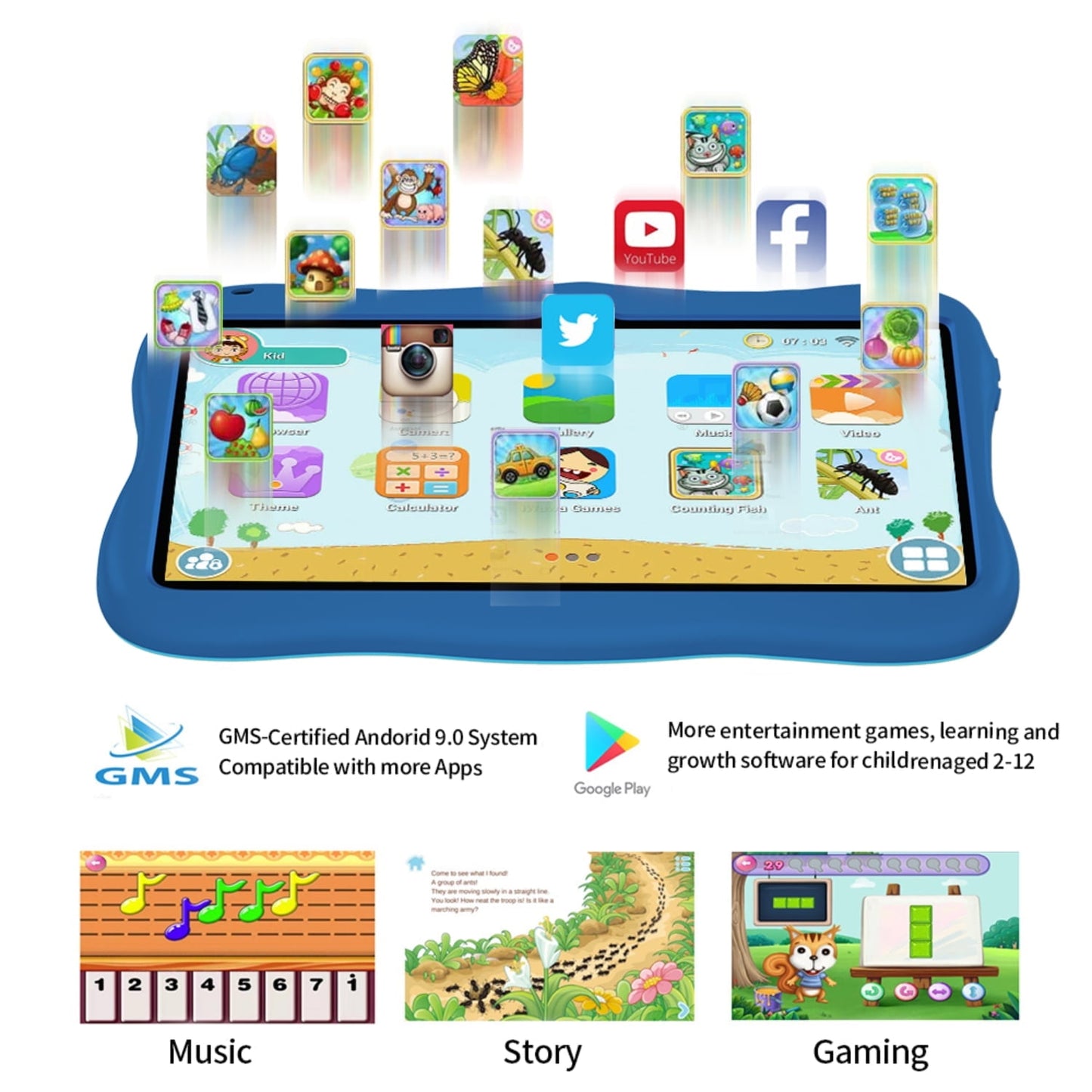 SHOUDUM Kids Tablet,Android Toddler Tablet, 128GB Storage, Dual Camera, Shockproof Case, Parental Control Tablets Support