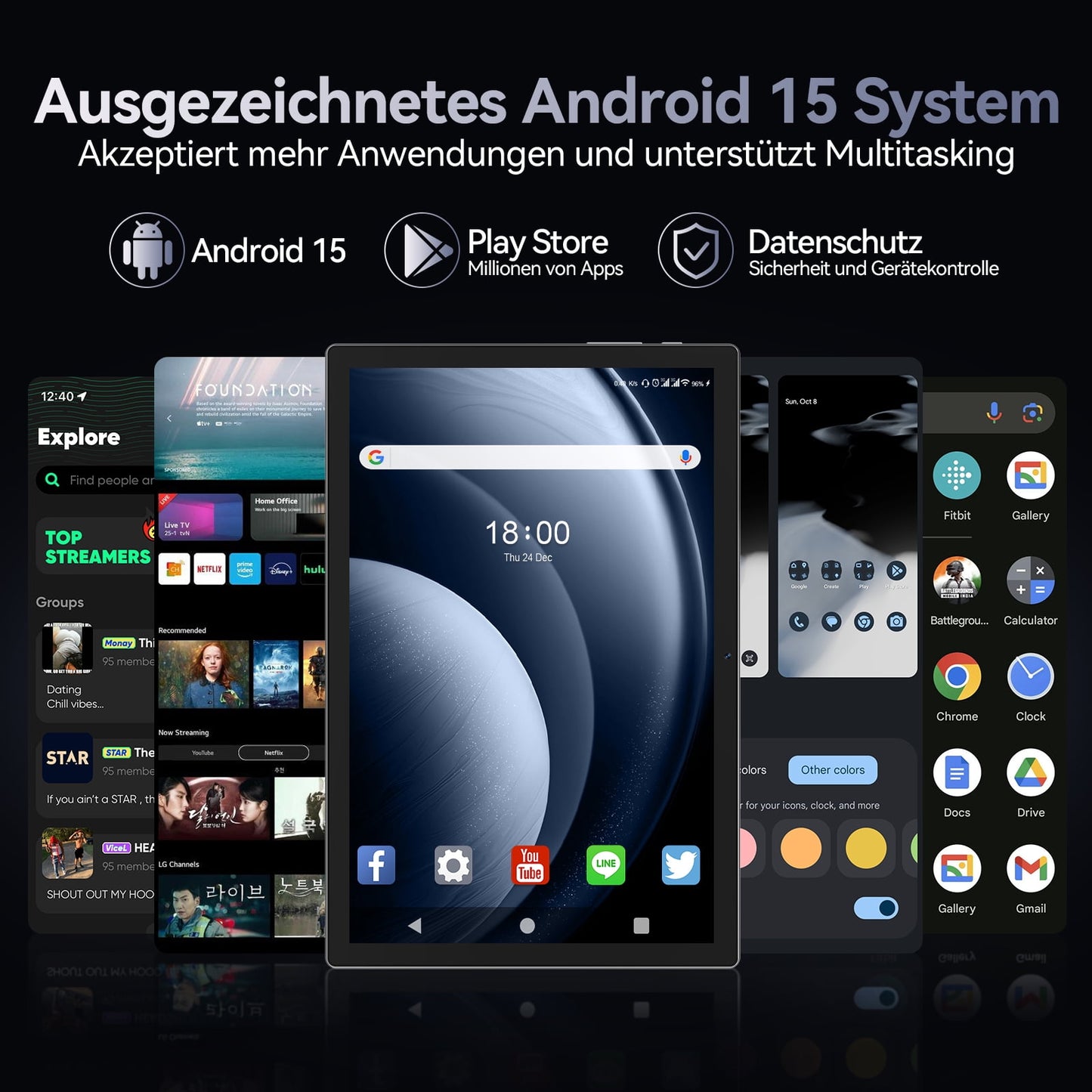 Android 15 Tablet with Keyboard, 8GB RAM, 128GB ROM(1TB Expand), 10.1 inch Octa-Core Tablets, 5G/2.4G WiFi, 7000mAh Battery, BT 5.0, with Mouse, Case, Stylus, Split screen(Black)
