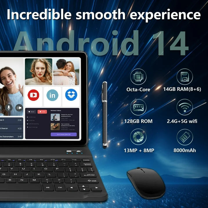 Qukenk,Android 14 Tablet, 14GB RAM+128GB ROM+1TB Expand, Dual Sim Card Slot,8000mAh, 5G WiFi+4G LTE, BT5.0, GPS