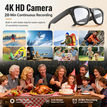 AI Smart Glasses with Camera, 4K HD Video & Photo Capture, Real-Time Translation, Recording Glasses with AI Assistant, Open-Ear Audio, Object Recognition, Bluetooth, for Travel (Transparent Lens)