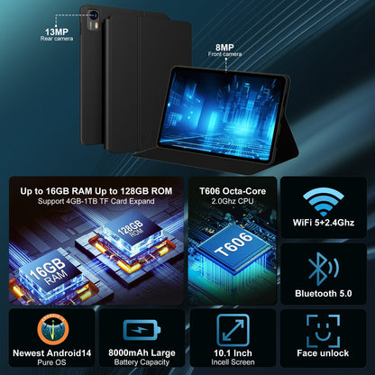 SHOUDUM Android 14 Tablet, 10 Inch HD IPS Display, 12GB RAM, 128GB ROM, 1TB Expand, Octa-Core, 8000mAh Battery, 5G WiFi