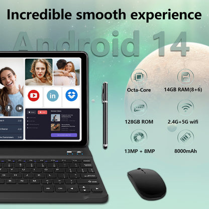 Latest Android 15 Tablet with 4G LTE Cellular,14GB RAM,128GB ROM,2TB Expand,Octa Core,10.1 Inch FHD IPS Screen,8000mAh Battery,8+13MP Dual Camera,Dual Sim Card Slot,2.4/5G WiFi,Bluetoot