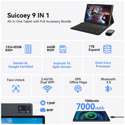 Qukenk Android 16 Tablet, 12GB RAM 64GB ROM 1TB Expand, Dual Sim Card Slot,8000mAh, 5G WiFi