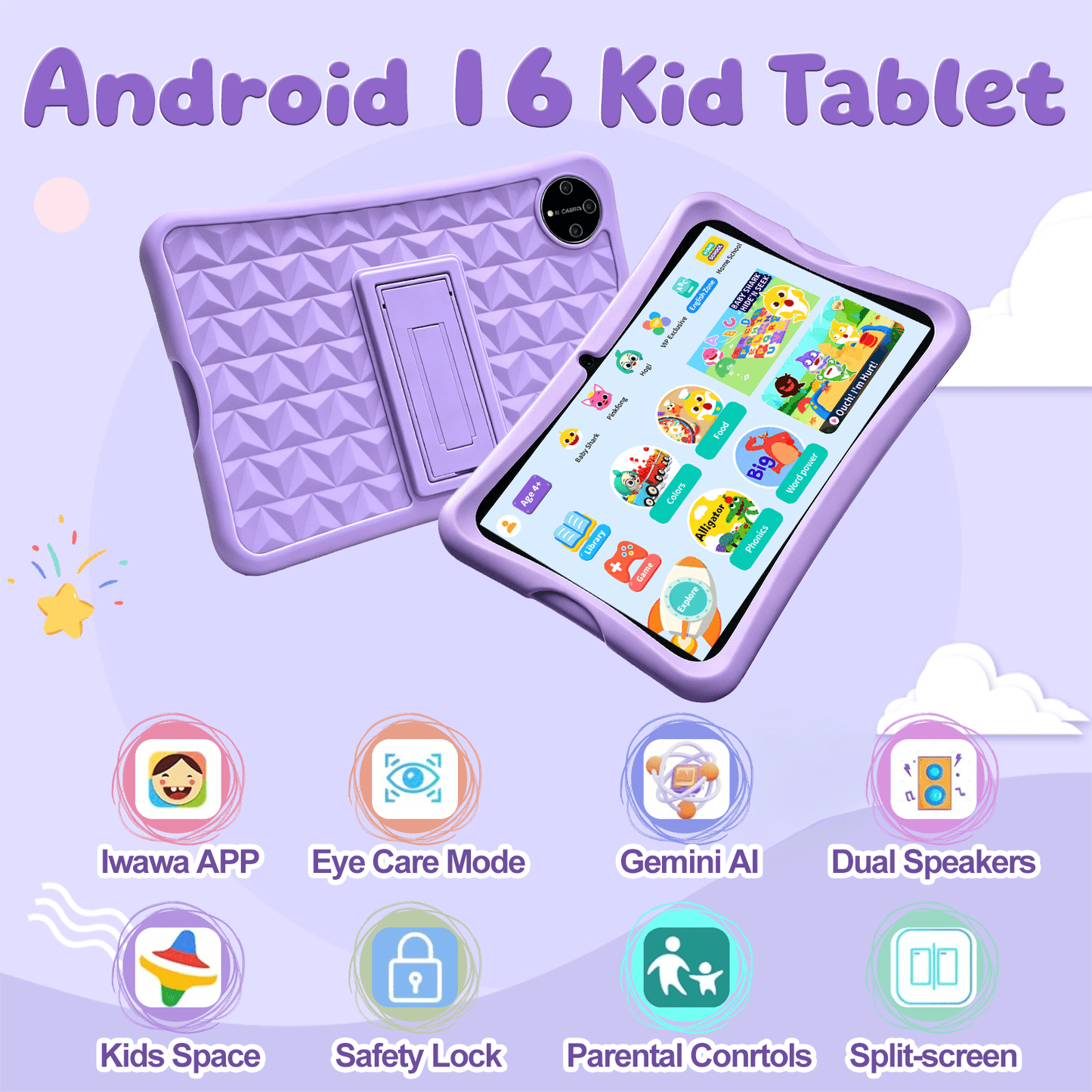 Kids Tablet 10-Inch Android 16, 16GB+128GB (1TB Expandable), Parental Control