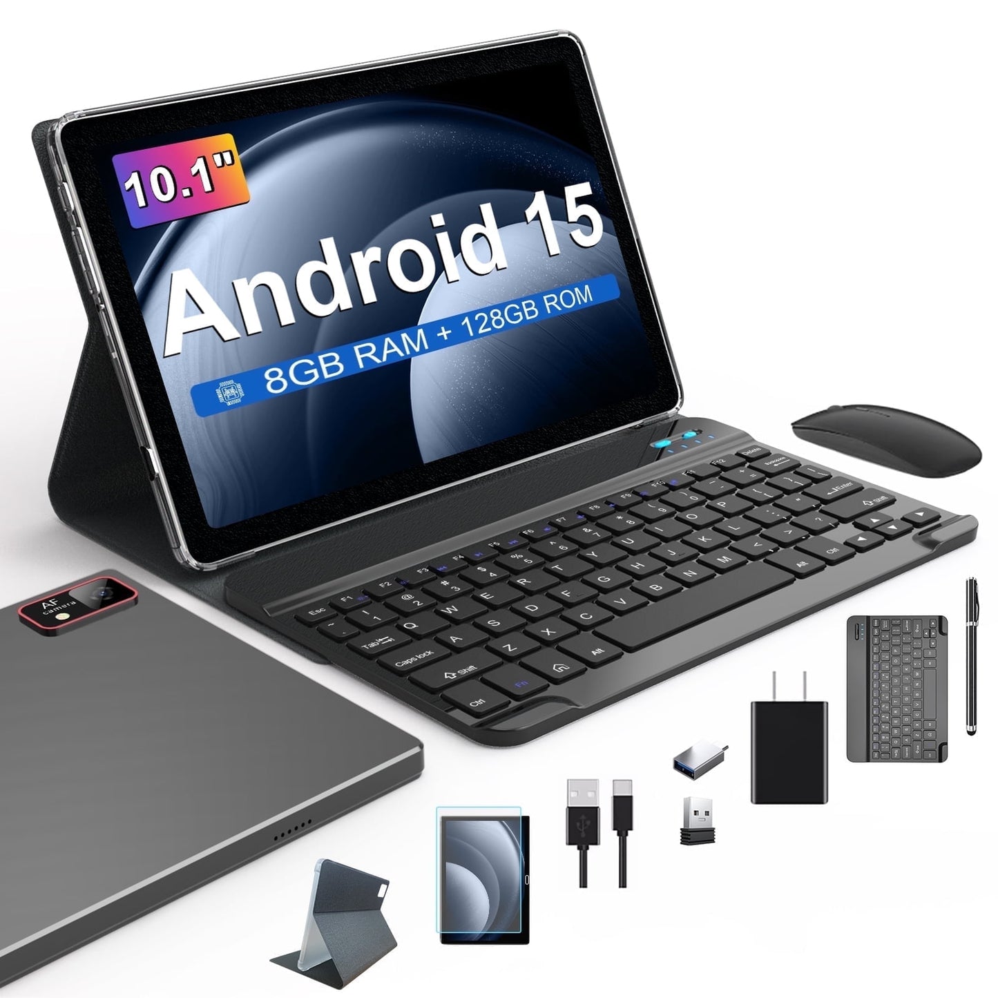 Android 15 Tablet with Keyboard, 8GB RAM, 128GB ROM(1TB Expand), 10.1 inch Octa-Core Tablets, 5G/2.4G WiFi, 7000mAh Battery, BT 5.0, with Mouse, Case, Stylus, Split screen(Black)