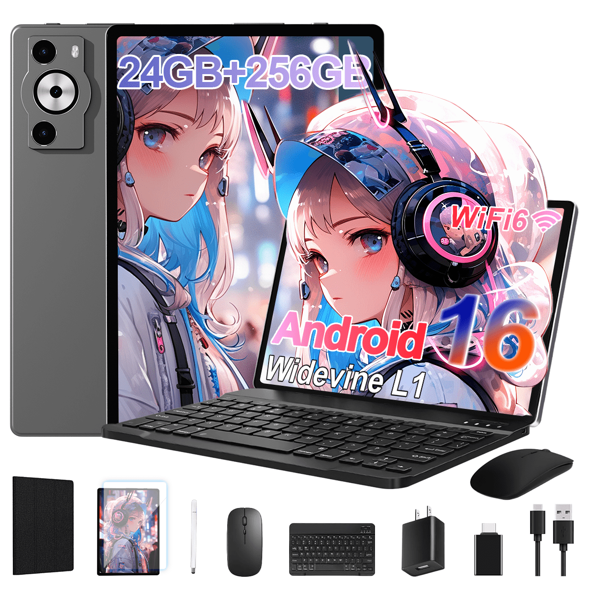 FERATINO Android 16 Tablet,10.1 inch Tablet, Octa-Core Processor, 24GB RAM 256GB ROM,,1280x800 HD IPS Touch Screen, GPS, 8H Battery, WiFi 6, Dual Camera (Gray)