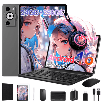 FERATINO Android 16 Tablet,10.1 inch Tablet, Octa-Core Processor, 24GB RAM 256GB ROM,,1280x800 HD IPS Touch Screen, GPS, 8H Battery, WiFi 6, Dual Camera (Gray)