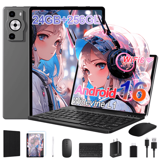 FERATINO Android 16 Tablet,10.1 inch Tablet, Octa-Core Processor, 24GB RAM 256GB ROM,,1280x800 HD IPS Touch Screen, GPS, 8H Battery, WiFi 6, Dual Camera (Gray)