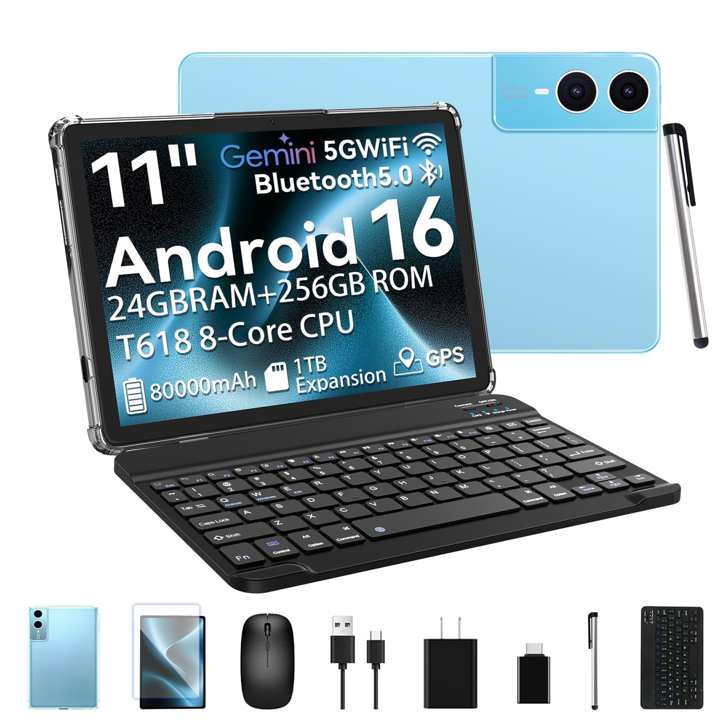 Android 16 Tablet 11inch, 18W Fast Charging, 24GB+256GB+1TB Expand, Octa-core CPU, 8000mAh Large Battery, WiFi6, Touchscreen Display, Widevine L1 Tableta