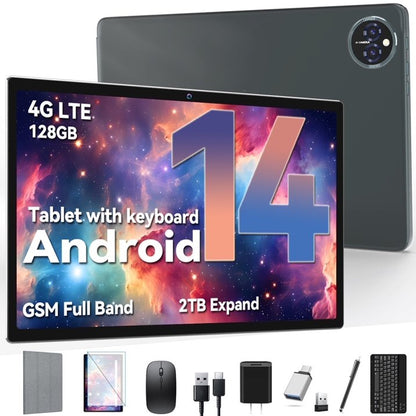 Qukenk,Android 14 Tablet, 14GB RAM+128GB ROM+1TB Expand, Dual Sim Card Slot,8000mAh, 5G WiFi+4G LTE, BT5.0, GPS