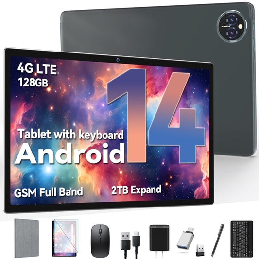 Qukenk,Android 14 Tablet, 14GB RAM+128GB ROM+1TB Expand, Dual Sim Card Slot,8000mAh, 5G WiFi+4G LTE, BT5.0, GPS