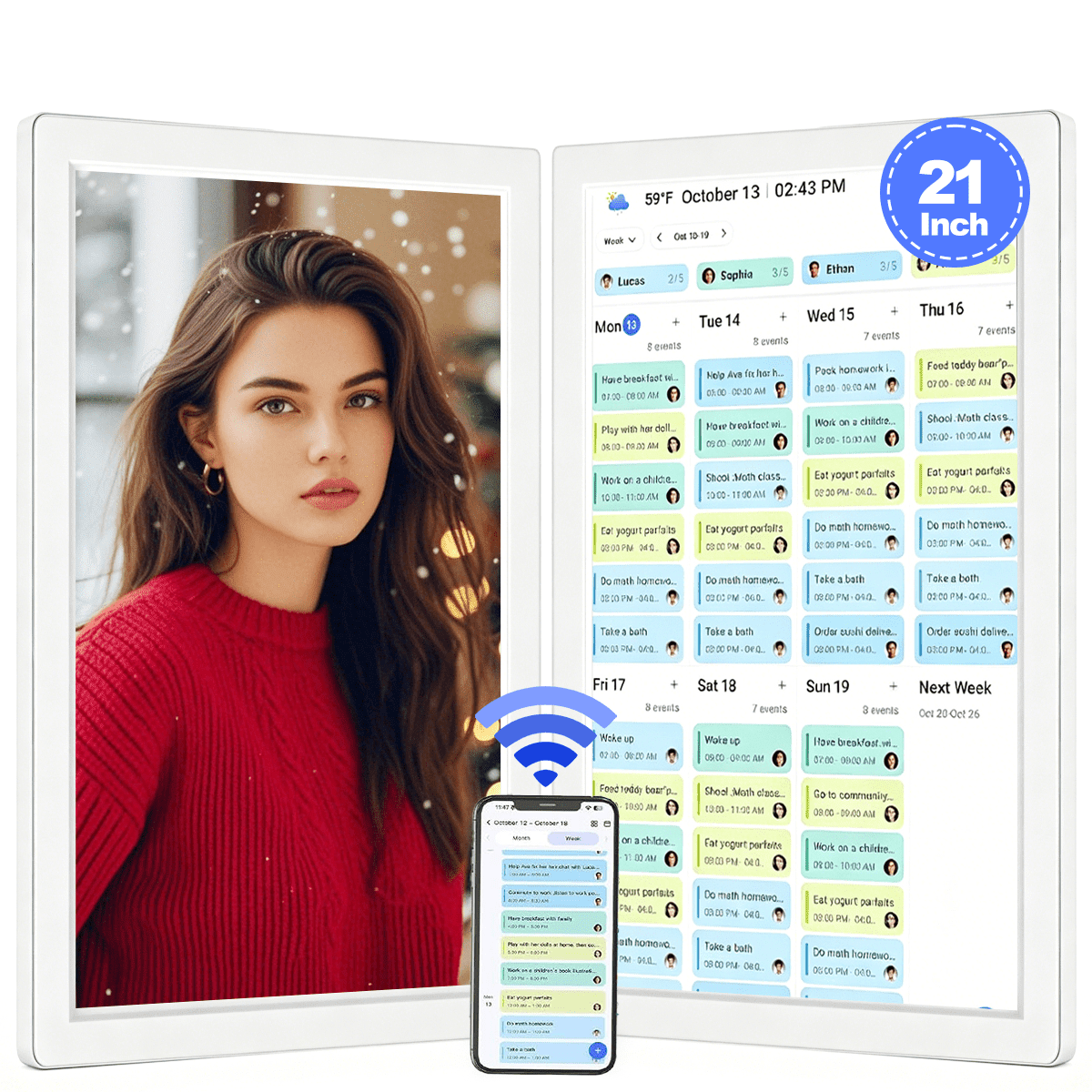 Digital Calendar, 21Inch Electronic Calendar & Chore Chart, Smart Family Organizer with Interactive Touchscreen Display, Wall Mount or Desk Mount in Portrait or Landscape