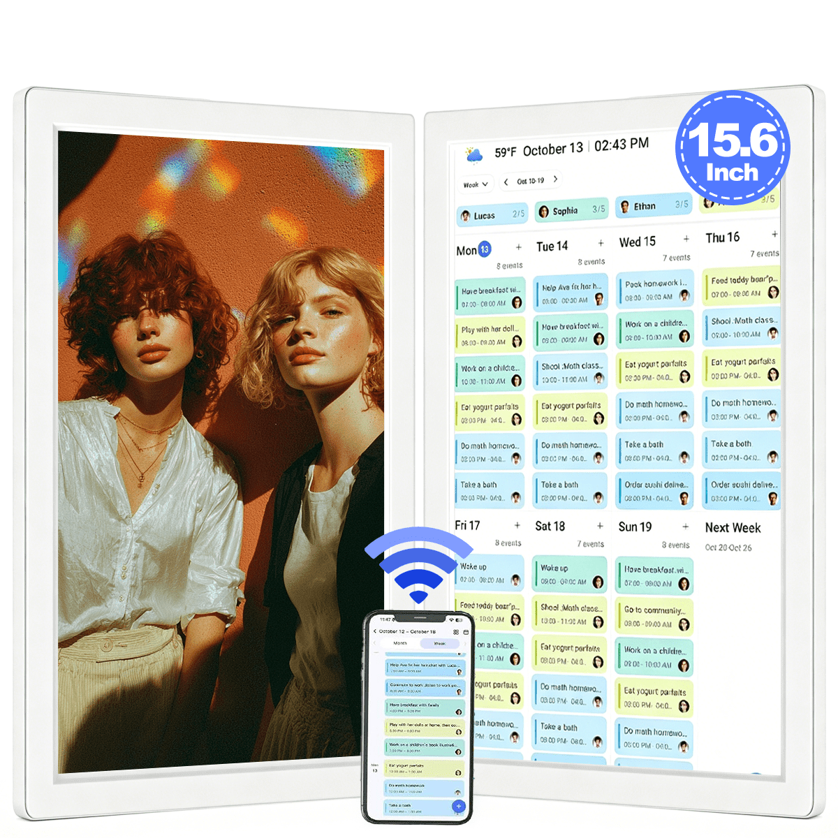 SHOUDUM Digital Calendar, 15.6" Chore Chart Wall Planner, 1080P FHD Interactive Touchscreen,Display for Family Schedules and All Apps Full Free-White