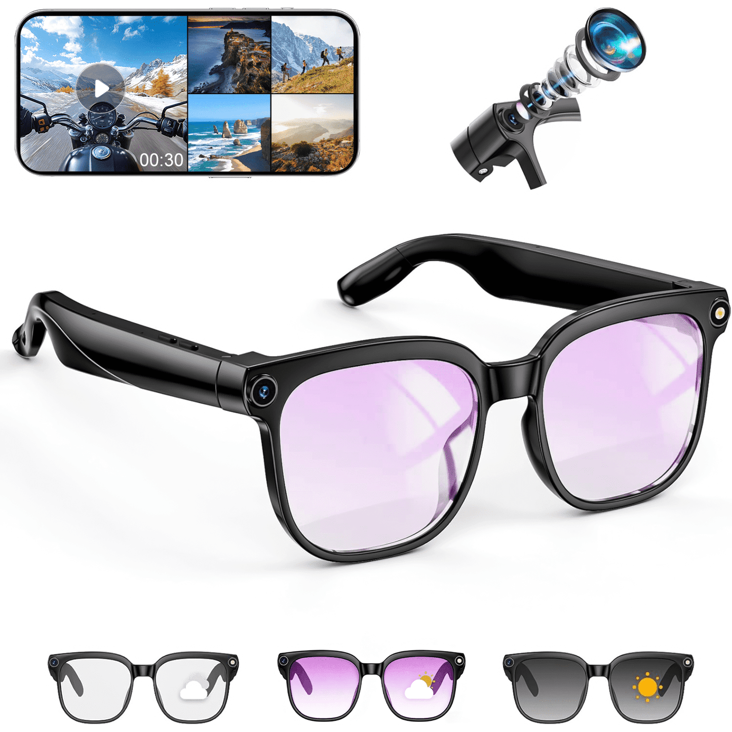 AI Smart Glasses with Camera, 4K HD Video & Photo Capture, Real-Time Translation, Recording Glasses with AI Assistant, Open-Ear Audio, Object Recognition, Bluetooth, for Travel (Transparent Lens)