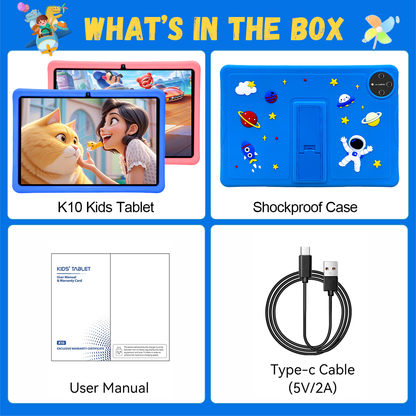 SHOUDUM Kids Tablet, 10 inch Android 15 Tablet for Kids, 16GB+128GB Quad-Core Toddler Tablets with Shockproof Case, BT5.0, WiFi 5, Parental Control, Games, Dual Camera