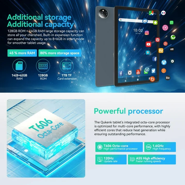 Qukenk,Android 14 Tablet, 14GB RAM+128GB ROM+1TB Expand, Dual Sim Card Slot,8000mAh, 5G WiFi+4G LTE, BT5.0, GPS