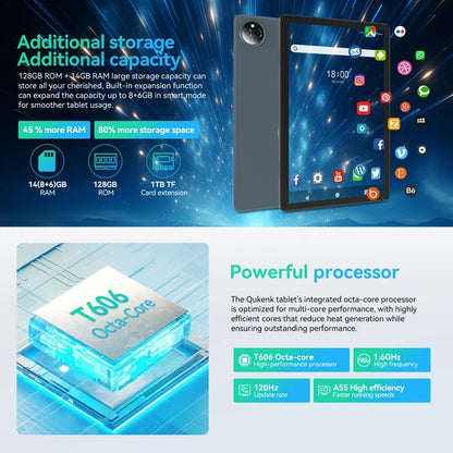 Qukenk,Android 14 Tablet, 14GB RAM+128GB ROM+1TB Expand, Dual Sim Card Slot,8000mAh, 5G WiFi+4G LTE, BT5.0, GPS