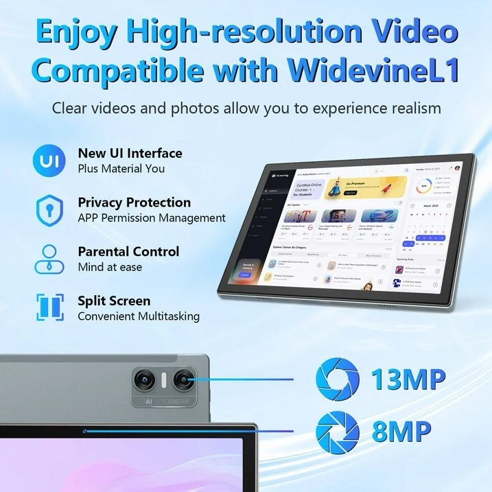 Qukenk,Android 14 Tablet, Widevine L1, 10 inch Tablet with Bluetooth 5.0, WiFi 6, Fast Charging, 8GB RAM+64GB ROM, Split Screen Support