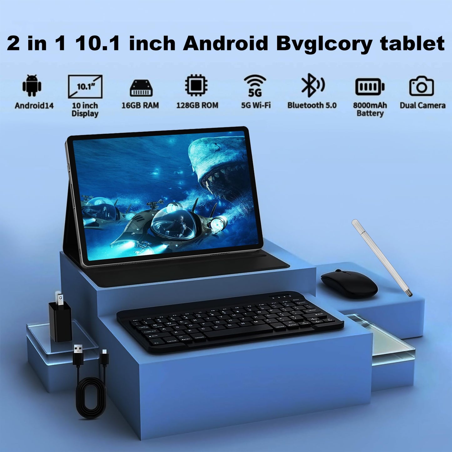 SHOUDUM Tablet,10 inch HD Tablet Bundle, 128GB, Android 14, 5G, Wi-Fi