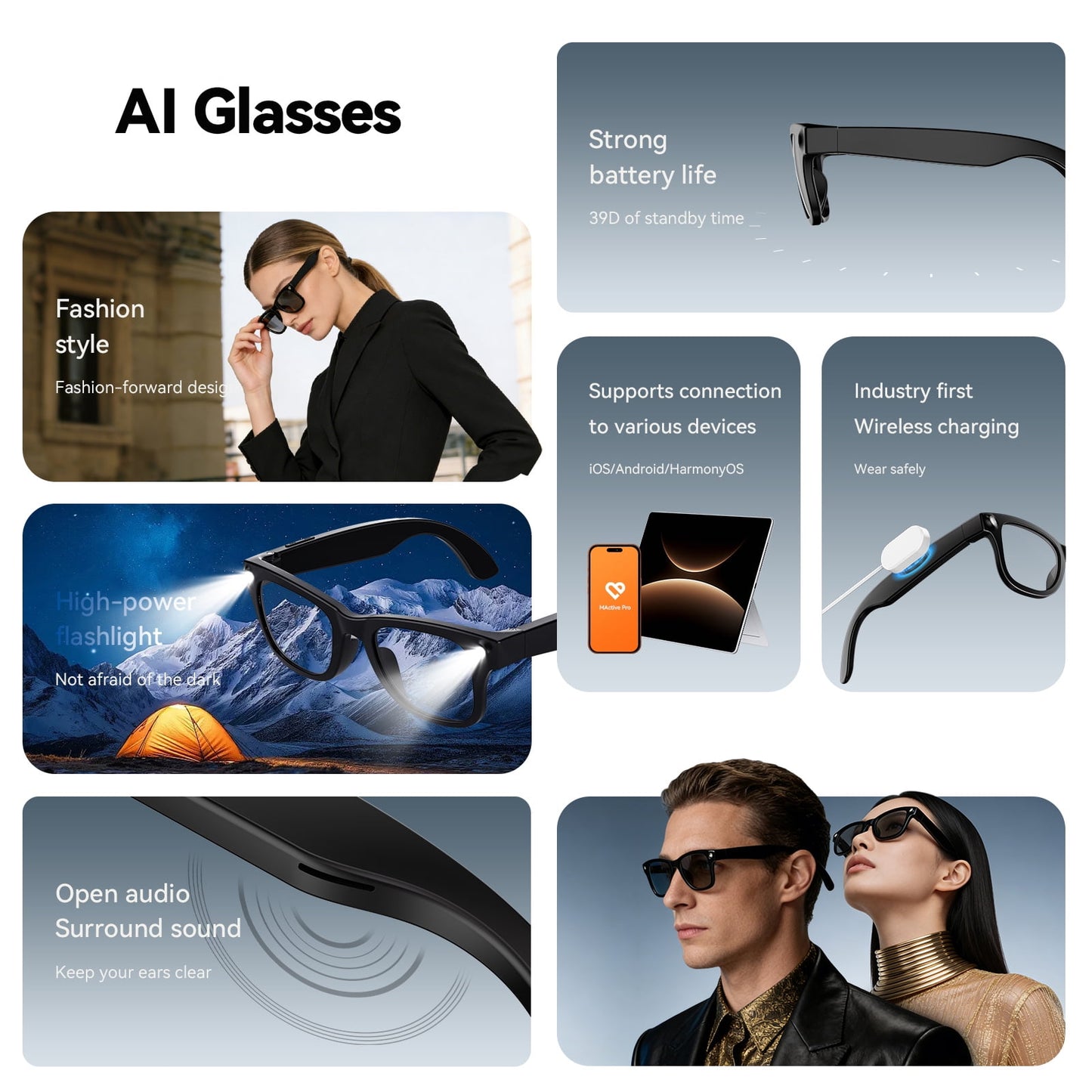 AI Smart Glasses with Camera and Audio, 8MP HD Camera Glasses for Men Women,Real Time Translation,Voice Assistant, Open-Ear Audio for Travel, Meetings & Vlogging