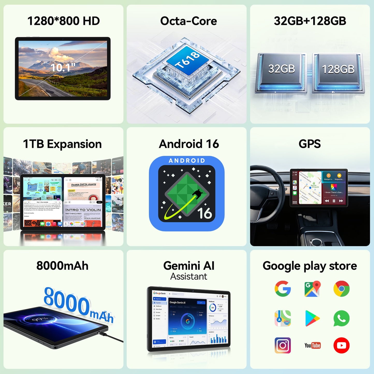 Tablet 10.1 inch Android 16 Tablet with Octa-Core Processor, 32GB RAM 128GB ROM 1 TB Expandable, 1280x800 HD IPS Touch Screen, GPS, 8H Battery, WiFi 6, BT 5.0, Dual Camera