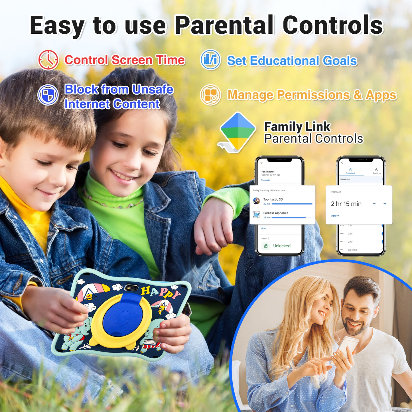 SHOUDUM Kids Tablet,Android Toddler Tablet, 128GB Storage, Dual Camera, Shockproof Case, Parental Control Tablets Support