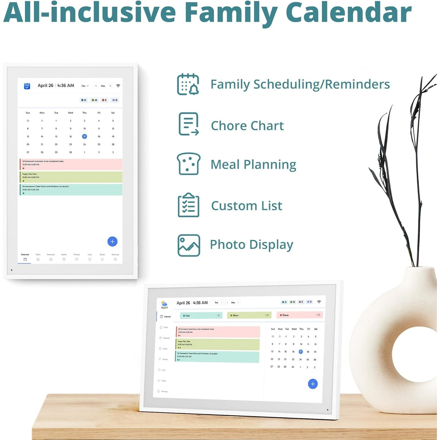 SHOUDUM Digital Calendar, 15.6" Chore Chart Wall Planner, 1080P FHD Interactive Touchscreen,Display for Family Schedules and All Apps Full Free-White