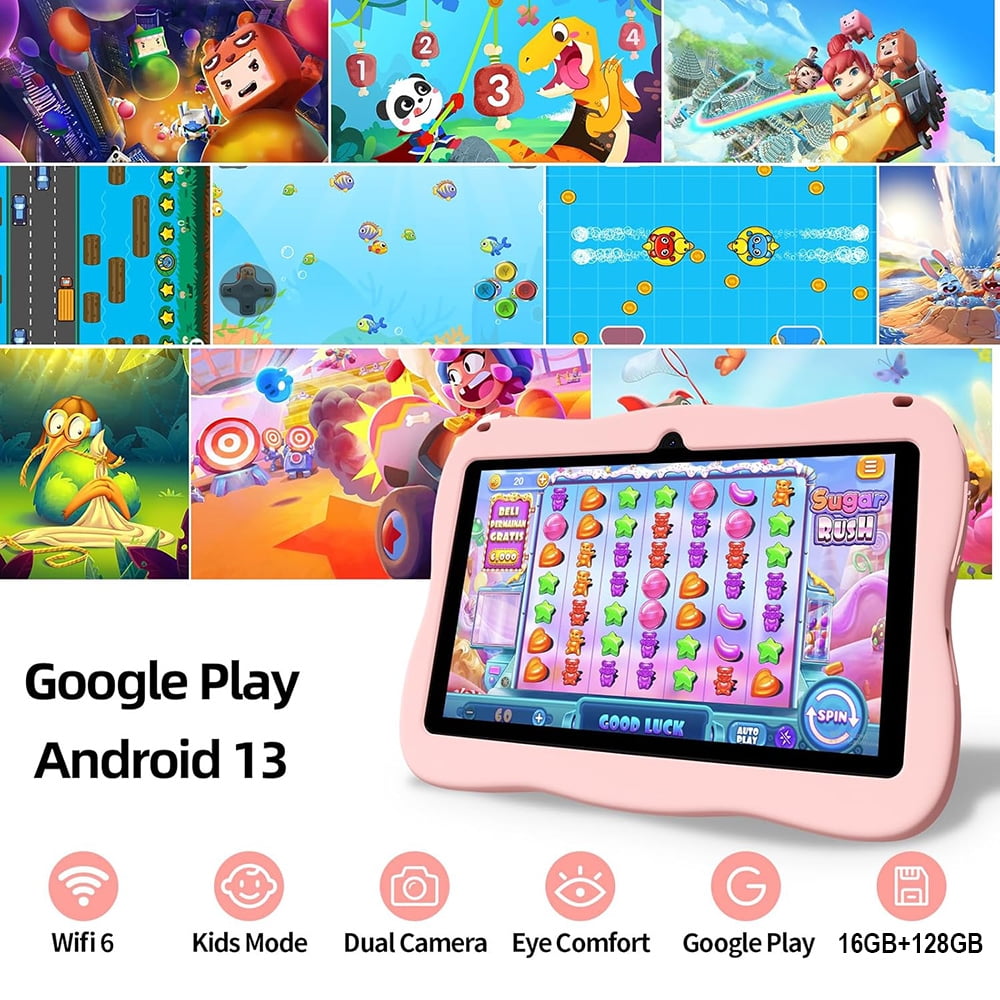 SHOUDM Kids Tablet,Android Toddler Tablet, 128GB Storage, Dual Camera, Shockproof Case, Parental Control Tablets Support