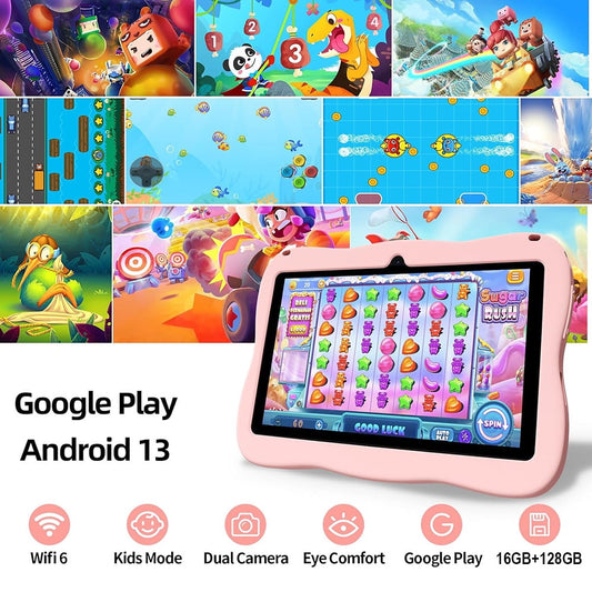 SHOUDM Kids Tablet,Android Toddler Tablet, 128GB Storage, Dual Camera, Shockproof Case, Parental Control Tablets Support
