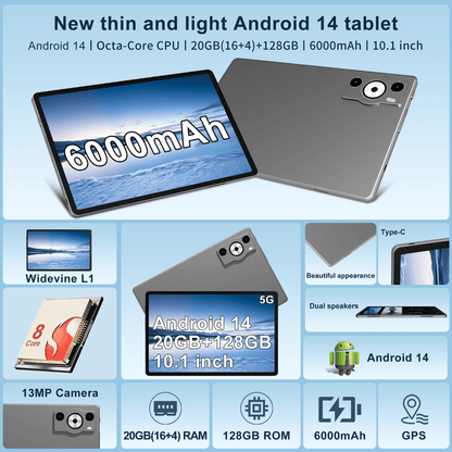SHOUDM Android Tablet,2025 Tablets with 20GB RAM+128GB ROM/ 1TB Expand, Octa-Core 2.0GHz CPU, 5G WiFi, GPS