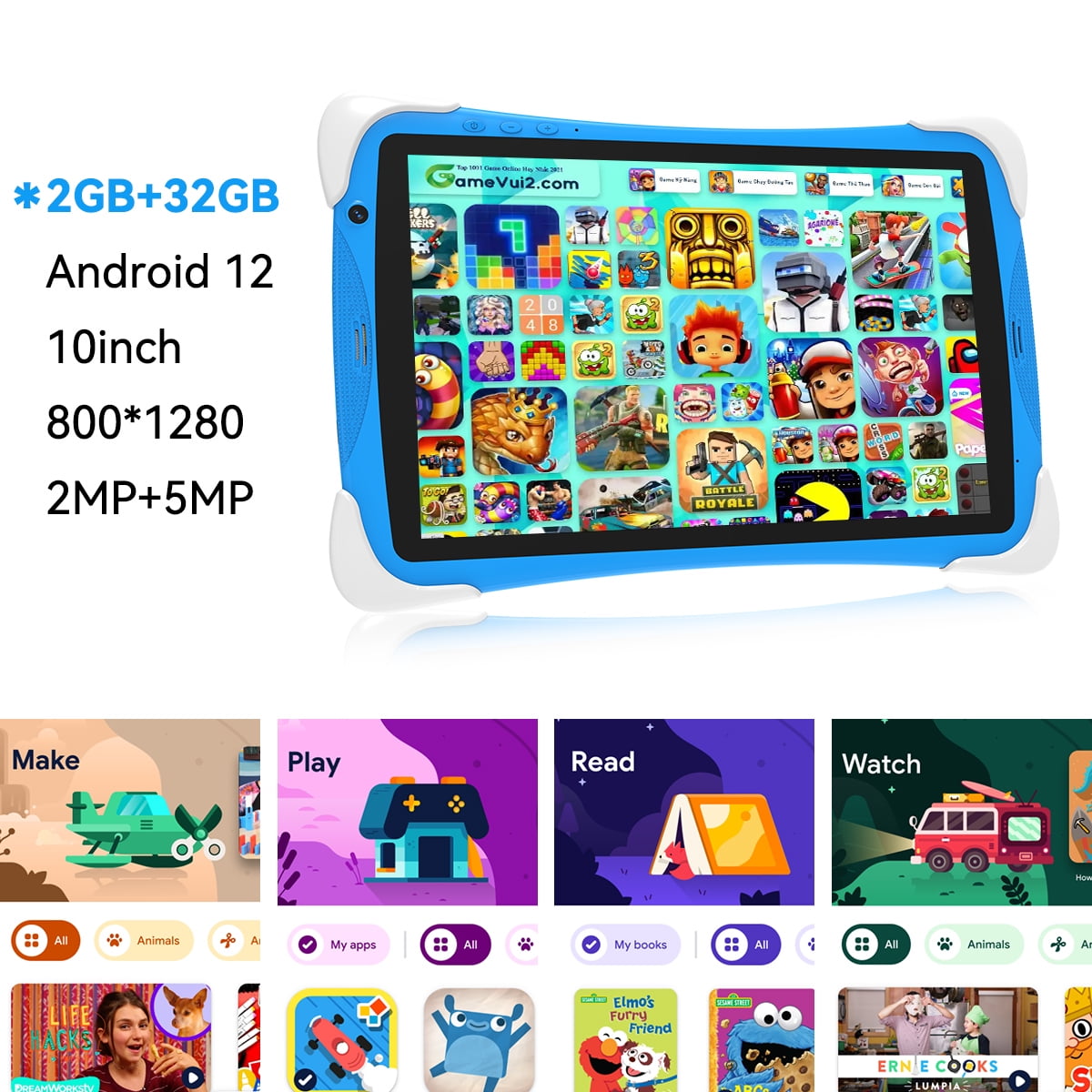 TABURETO Kids Tablet, Android 12, 64GB, Dual Camera, Preinstalled Kid Apps, Parent Control, Educational Stand